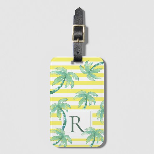 Watercolorpalmbomen en geel gestreepte monogram bagagelabel (Voorkant (verticaal))