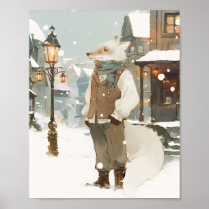 Watercolorportret van een besneeuwde poolvos met s poster