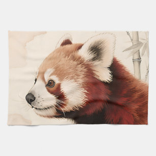 Watercolorportret van een rode panda tussen bamboe theedoek