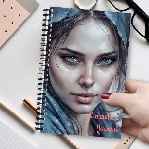 Watercolorportret van vrouw in blauwe tinten notitieboek