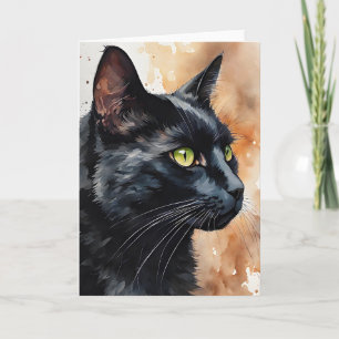 Watercolorportret van zwarte kat groene ogen blanc kaart