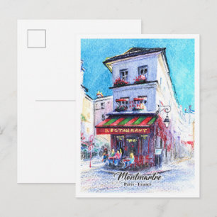 Watercolorpotloden restaurant op Montmartre Briefkaart
