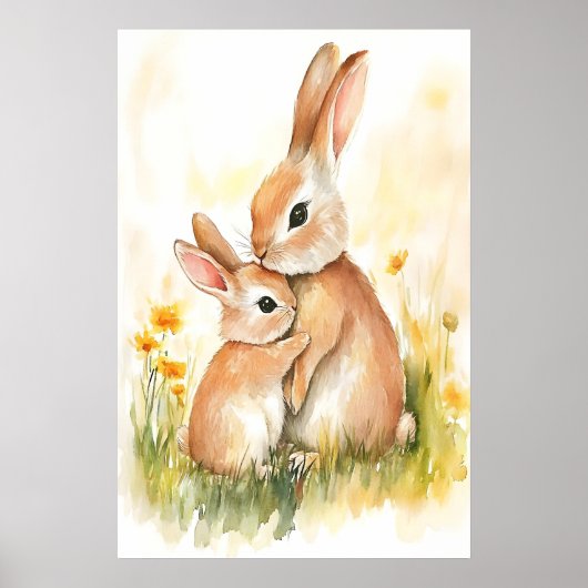 Watercolorprint konijn, mama en kind, kinderkamer poster (Voorkant)