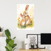Watercolorprint konijn, mama en kind, kinderkamer poster (Thuiskantoor)