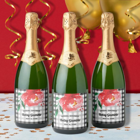 Watercolorroos op geruite sparkling wijnlabels wijnetiket