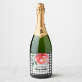 Watercolorroos op Gingham Sektlabels Sparkling Wijnetiket (Voorkant)