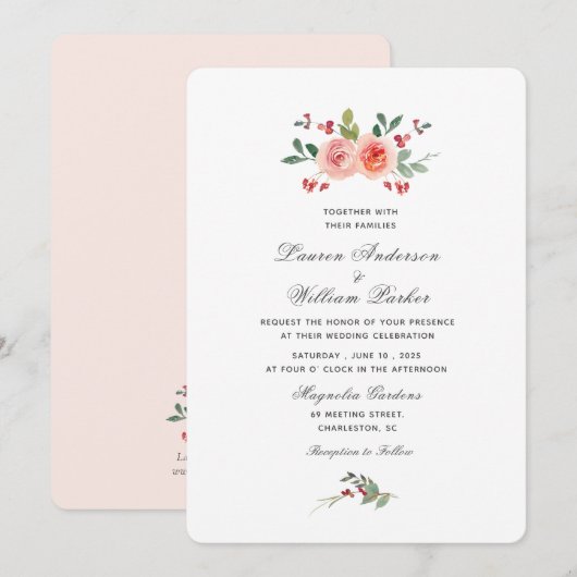 Watercolorrozen en groen Huwelijksuitnodiging Aankondiging (Voorkant / Achterkant)