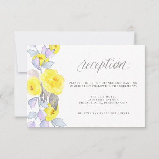 Watercolorrozen Geel Paars en Grijs Receptie Kaart (Voorkant)