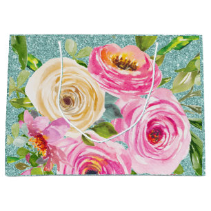 Watercolorrozen in Roze en Crème Aqua Glitter Groot Cadeauzakje