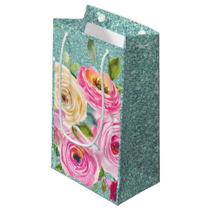 Watercolorrozen in Roze en Crème Aqua Glitter Klein Cadeauzakje