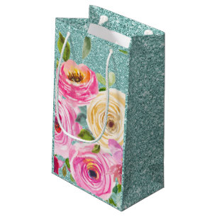 Watercolorrozen in Roze en Crème Aqua Glitter Klein Cadeauzakje