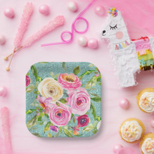 Watercolorrozen in Roze en Crème Aqua Glitter Papieren Bordje