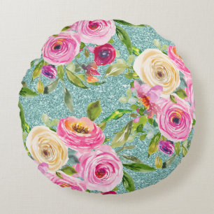 Watercolorrozen in Roze en Crème Aqua Glitter Rond Kussen