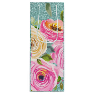 Watercolorrozen in Roze en Crème Aqua Glitter Wijn Cadeautas