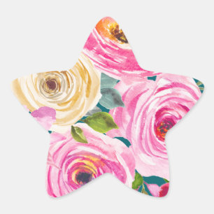 Watercolorrozen in Roze en Crème in Teal Ster Sticker