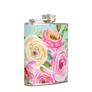 Watercolorrozen in Roze en Crème op Aqua Heupfles