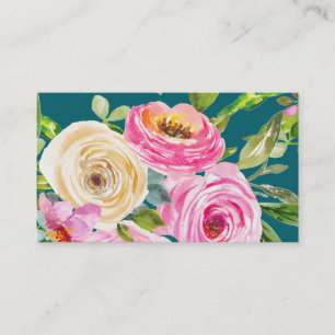Watercolorrozen in Roze en Crème op Teal Visitekaartje