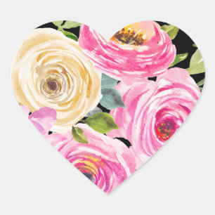 Watercolorrozen in roze en crème op zwart hart sticker