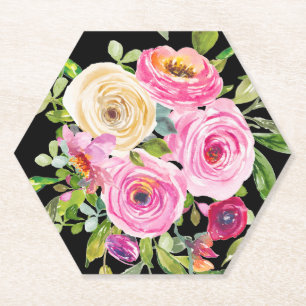 Watercolorrozen in Roze en Crème op Zwart Kartonnen Onderzetters