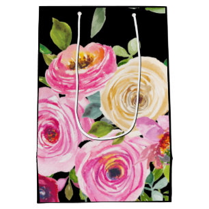 Watercolorrozen in Roze en Crème op Zwart Medium Cadeauzakje