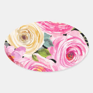 Watercolorrozen in Roze en Crème op Zwart Ovale Sticker