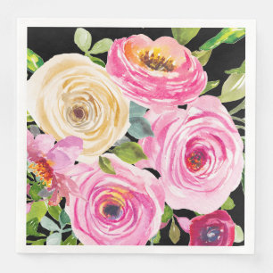 Watercolorrozen in Roze en Crème op Zwart Servet