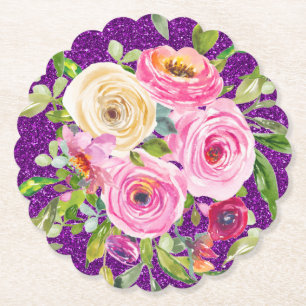 Watercolorrozen in Roze en Crème Paarse Glitters Kartonnen Onderzetters
