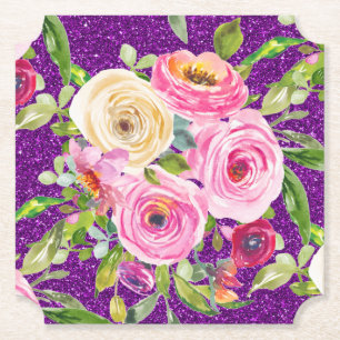 Watercolorrozen in Roze en Crème Paarse Glitters Kartonnen Onderzetters