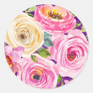 Watercolorrozen in Roze en Crème Paarse Glitters Ronde Sticker