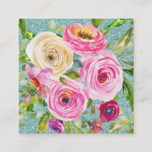 Watercolorrozen in roze en crèmekleurig aquaglitte vierkante visitekaartje
