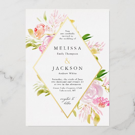 Watercolorrozen Lente Bloem Uitnodiging Diamant (Voorkant)