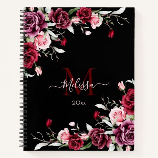 Watercolorrozen Monogram Zwart Notitieboek (Voorkant)