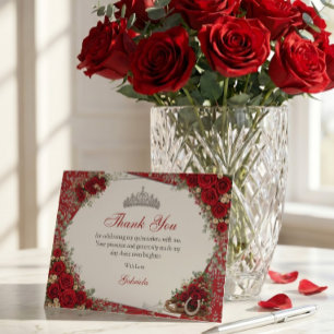 Watercolorrozen Rood en Zilver Rood Quinceañera Bedankkaart