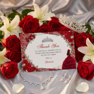 Watercolorrozen Rood en Zilver Rood Quinceañera Bedankkaart