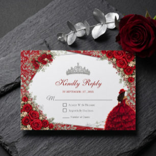Watercolorrozen Rood en Zilver Rood Quinceañera RSVP Kaartje