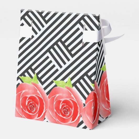 Watercolorrozen Zwart Witte Strepen Derby Tent Bedankdoosjes (Achterkant)