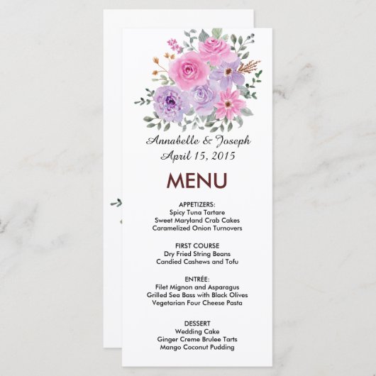 watercolors Florals Modern Botanical Wedding Menu (Voorkant / Achterkant)