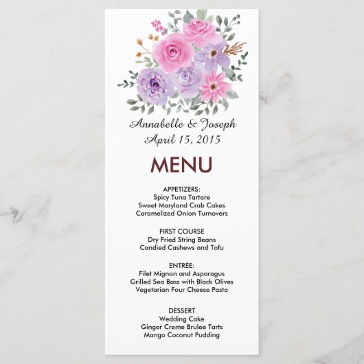 watercolors Florals Modern Botanical Wedding Menu (Voorkant)