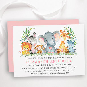 Watercolorsafari-dieren Baby Shower Roze Kaart