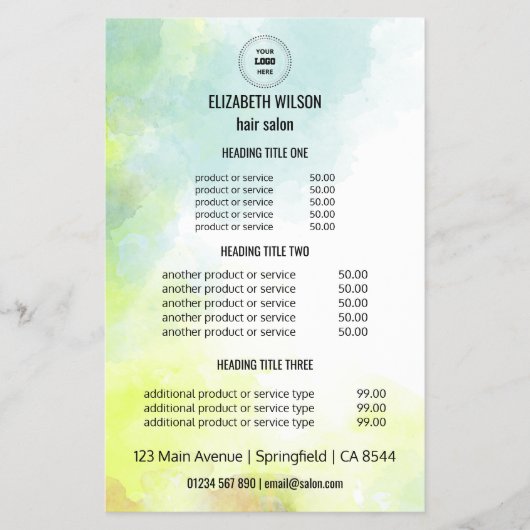 Watercolorsalon Service Menu Flyer (Voorkant)