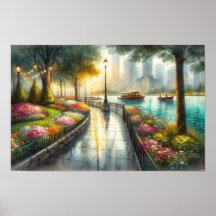Watercolorschilderij regenachtige parkscene