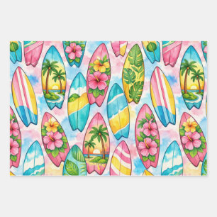 Watercolorsurfplanken met Hibiscus en Palmen Inpakpapier Vel