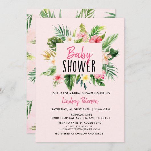 WatercolorTropical Flowers Baby shower Uitnodiging (Voorkant / Achterkant)