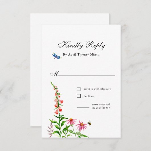 WatercolorWildflowers Bloemen bruiloft Reactie Kaa RSVP Kaartje (Voorkant / Achterkant)