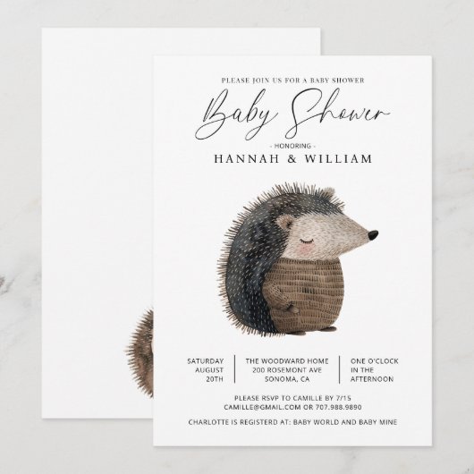 WatercolorWoodland Animal Hedgehog Baby shower Kaart (Voorkant / Achterkant)