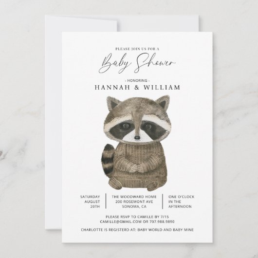 WatercolorWoodland Animal Raccoon Baby shower Kaart (Voorkant)