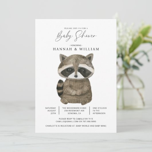 WatercolorWoodland Animal Raccoon Baby shower Kaart (Staand voorkant)