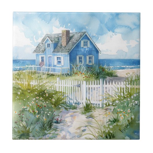 Watercolour Beach Cottage Tegeltje (Voorkant)