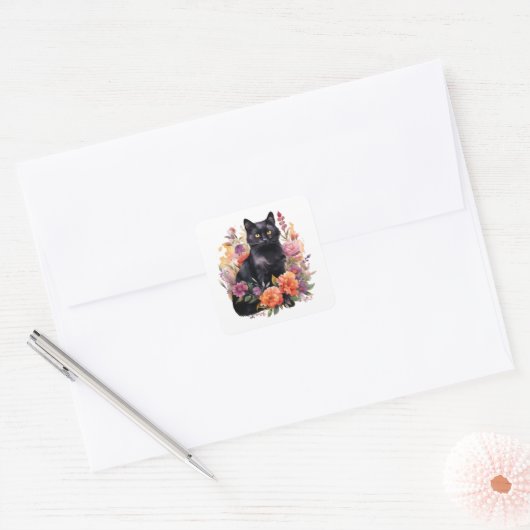 Watercolour Black Cat Vierkante Sticker (Envelop)