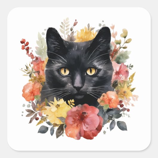 Watercolour Black Cat Vierkante Sticker (Voorkant)